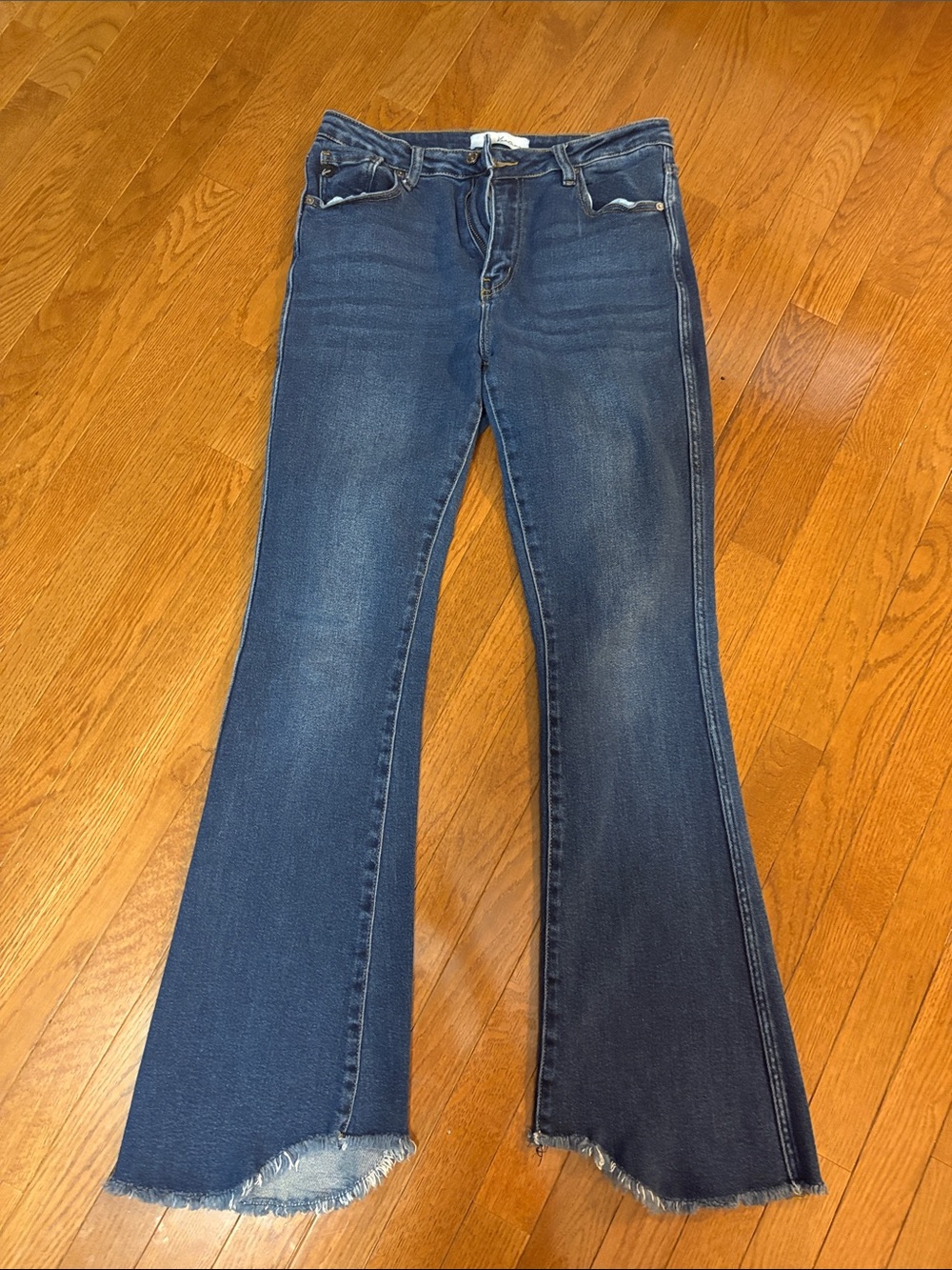 KanCan Dark Blue High-Rise Flare Jeans with Raw Hem 11/29